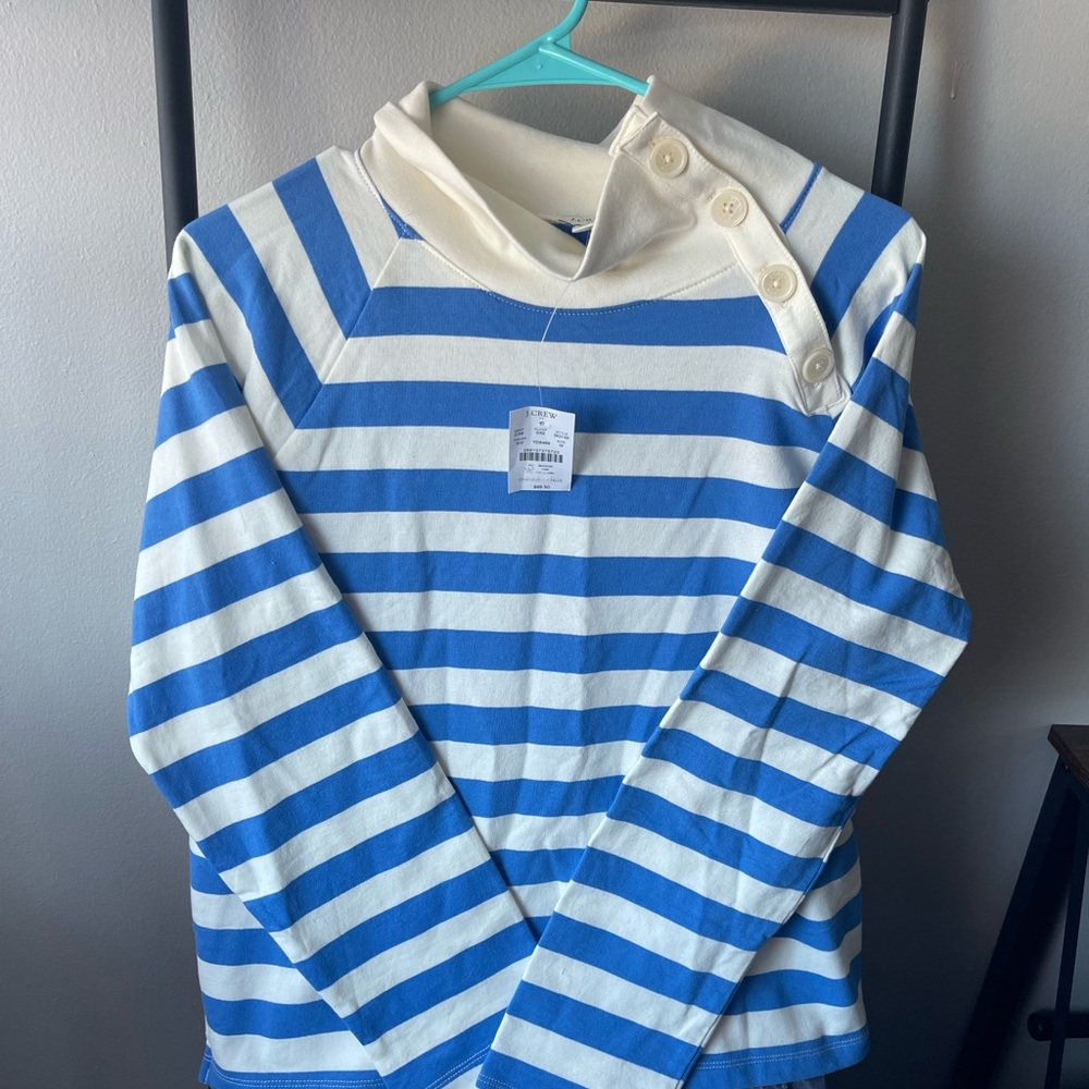 J. Crew Nautical Blue White Striped wide button-collar pullover terry - Picture 3 of 7